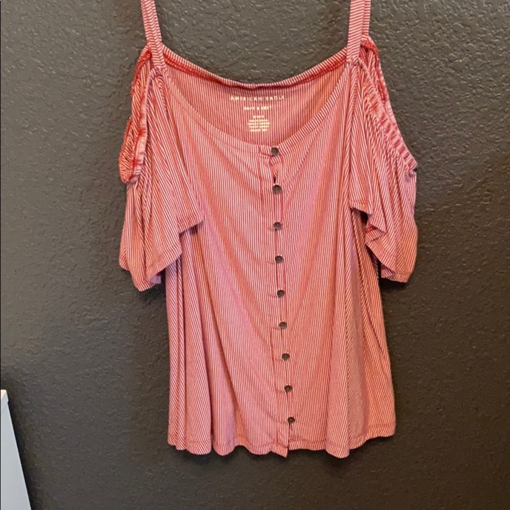 red striped open shoulder top